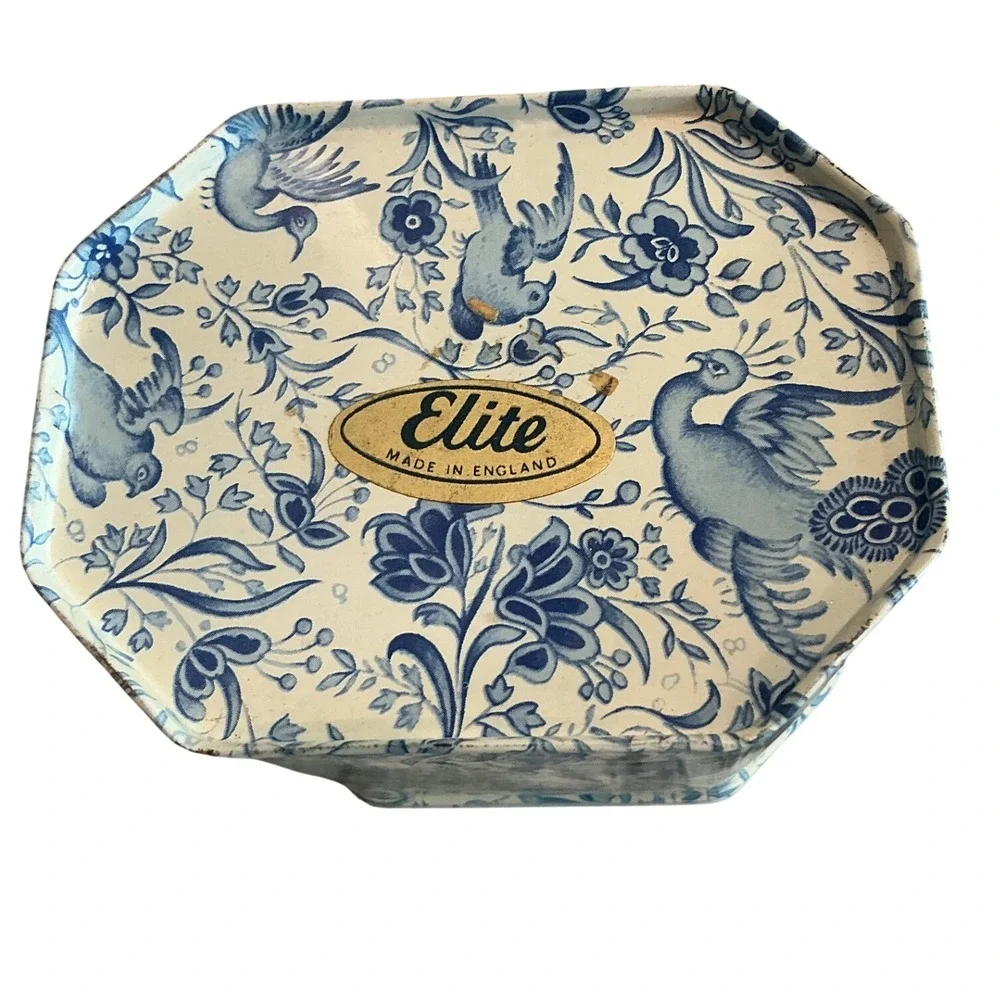 Vintage Elite Tin Toile Trinket Box Blue White Floral Bird Gift French Country